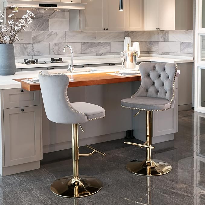 PacknWood Acosure Golden Swivel Velvet Barstools Adjusatble Seat Height from 25-33" with Comfortable Tufted,Modern Upholstered Chrome Base Bar Chairs,for Home Pub Kitchen,Gray,Set of 2
