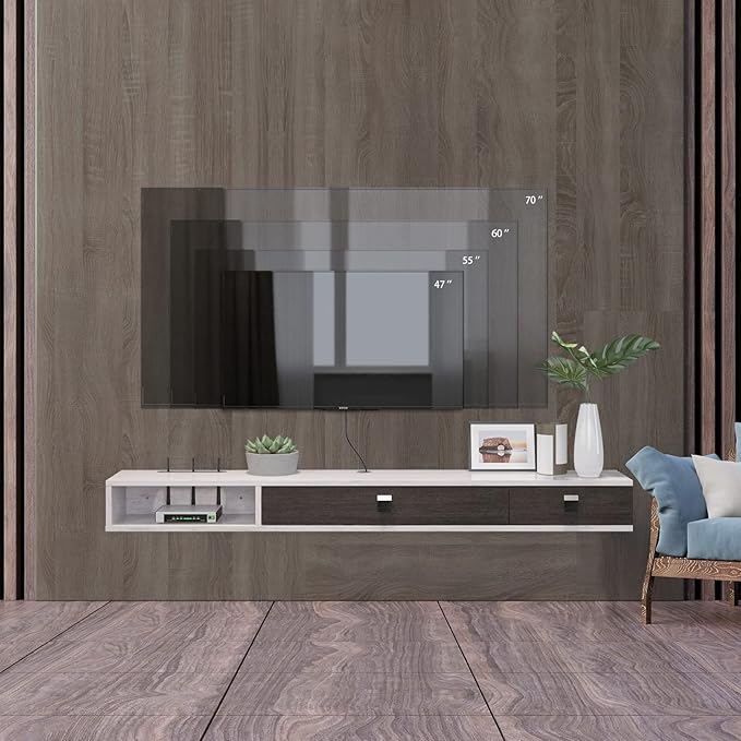 Pmnianhua Floating TV Shelf,63'' Wall Mounted Floating TV Stand,Floating Media Console,Wall TV Console,Under TV Entertainment Shelf with 2 Doors for TVs up to 70''(Greyish-White)