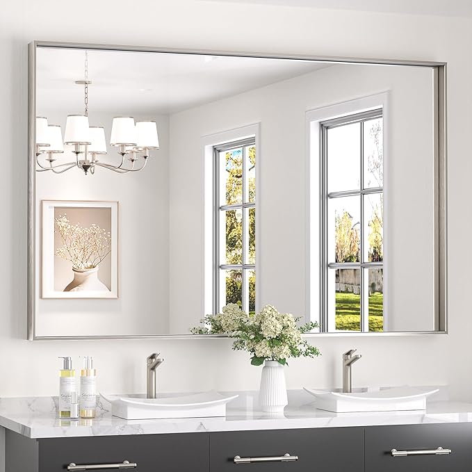 Keonjinn Brushed Nickel Bathroom Mirror 60 x 40 in Rectangle Frame Mirror for Over Sink, Rectangular Metal Framed Vanity Mirror Square Corner Aluminum Alloy Modern Silver Mirror(Horizontal/Vertical)
