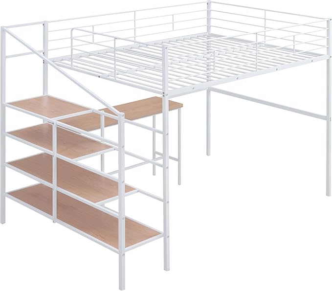 Full Size Metal Loft Bed with Desk and Lateral Storage Ladder,Modern Style Heavy-Duty Metal Frame for Kids Teens Adults Bedroom, Dorm,White