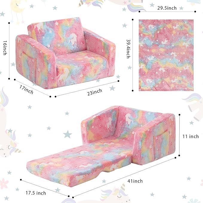 Toddler Couch Fold Out, Foldable Toddler Chair with Blanket, Kids Couch for Girls & Boys, Flip Out Kids Sofa, Convertible Sofa to Lounger for Children Age 1-3 (Glow Pink)