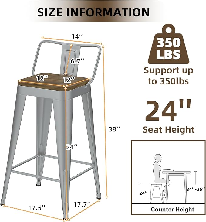 Silver Bar Stools Set of 4, Metal Bar Stools with Wooden Seat, Modern 24”Counter Height Barstools with Low Back