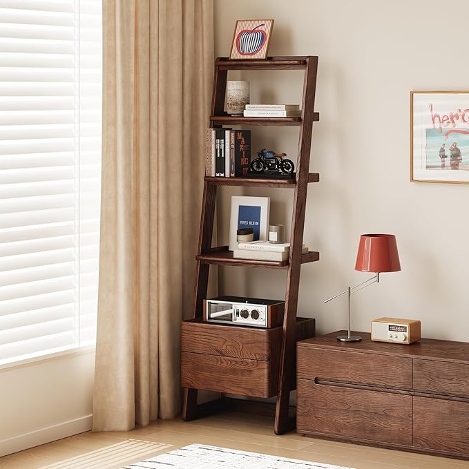 100% Solid Wood 5 Tier Ladder Shelf, Narrow Ladder Bookshelf with Drawers, 63.78" Tall Wood Bookcase Storage Rack Organizer, Freestanding Storage Shelve for Living Room Bedroom