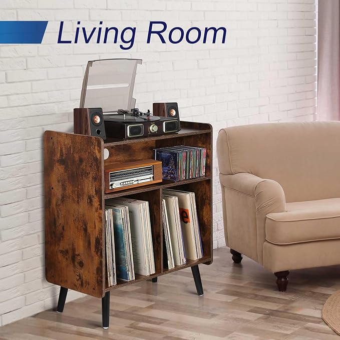 3-Tier Vintage Record Player Stand, Mid-Century Vinyl Record Storage Cabinet Table Holds up to 100 Albums, Large Wood Turntable Stand for Living Room, Office, Rustic Brown