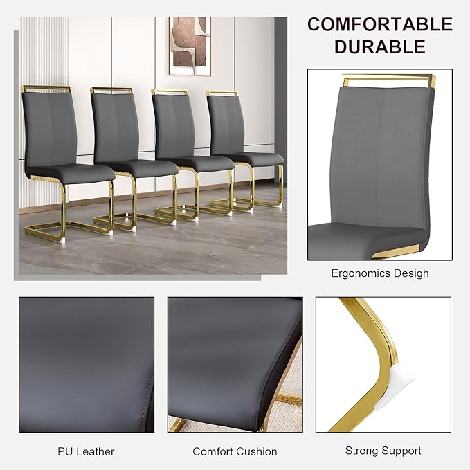 Modern Dining Chairs Set of 4,High Back Grey Kitchen Chairs,Faux Leather Side Chair with Gold Plated Metal Legs,Easy to Clean Upholstered Dining Chairs,Ideal for Living Room(Gold Leg)