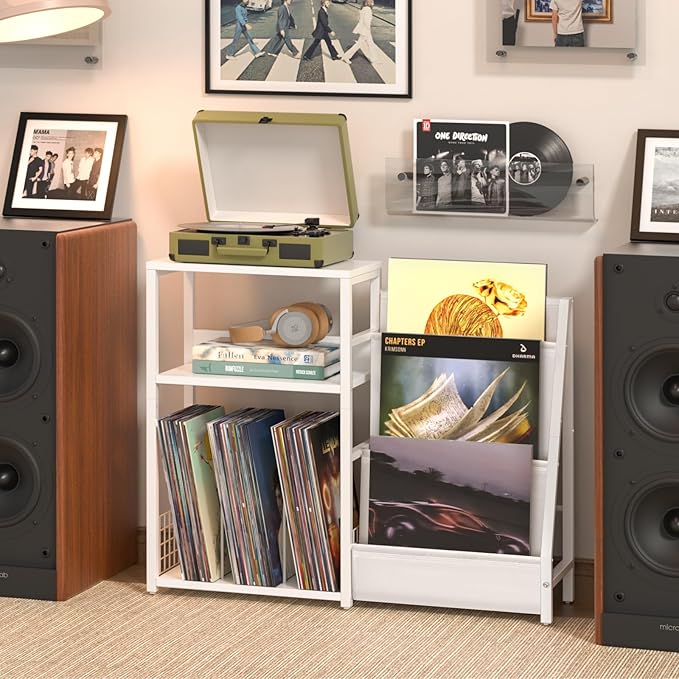LELELINKY Record Player Table,Turntable Shelf with Vinyl Storage Up to 150 Albums,White Side Table with 3 Tier Magazine Periodical Book Rack,Wide Metal Record Holder Cabinet for Room Office