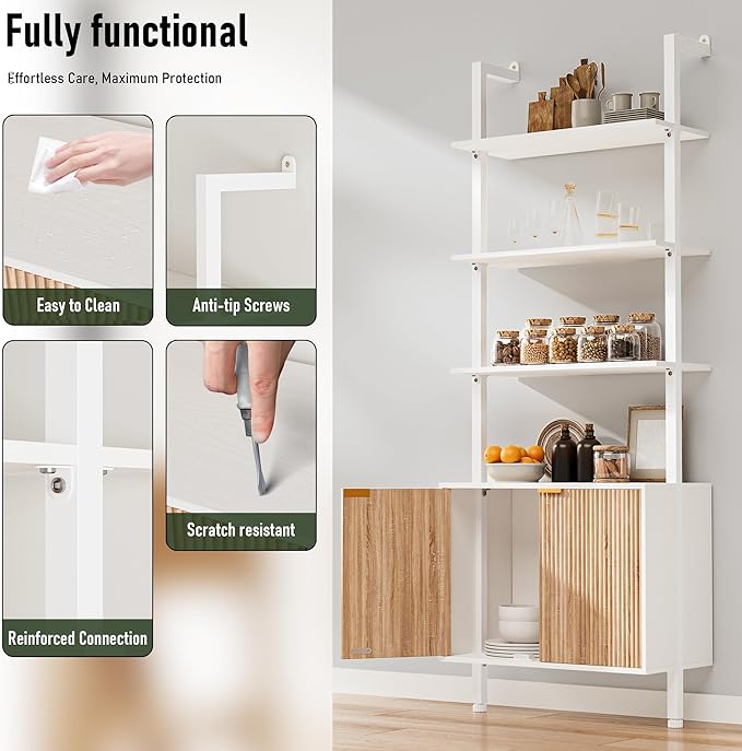74" Tall Bookshelf with Storage Cabinet, Modern Ladder Shelf with Wood and Metal Frame, Wall Mount Bookcase Open Display Shelf Furniture for Living Room, Bedroom, Home Office, White and Oak