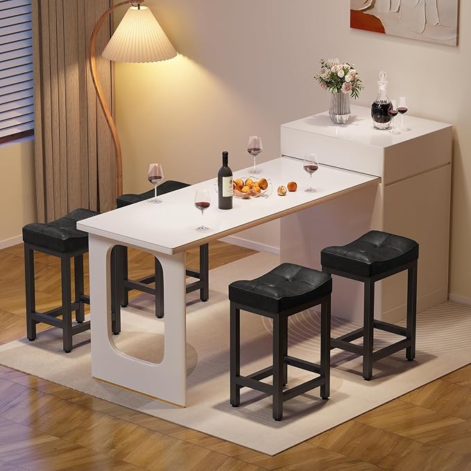 Dripex Backless Saddle Bar Stools Set of 3, Modern Faux Leather 24'' Counter Height Barstools with 4" Thick Seats & Heavy Duty Metal Legs, for Kitchen Island, Bar, Dining Room, Black