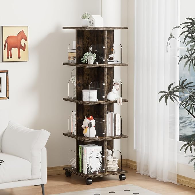 VECELO Rotating Bookshelf with Brake Wheels, 360°Display 4 Tier Floor Stackable Spinning-Bookshelf Tower for Kids&Adults, Revolving Bookcase for Small Space,Corner(Brown)