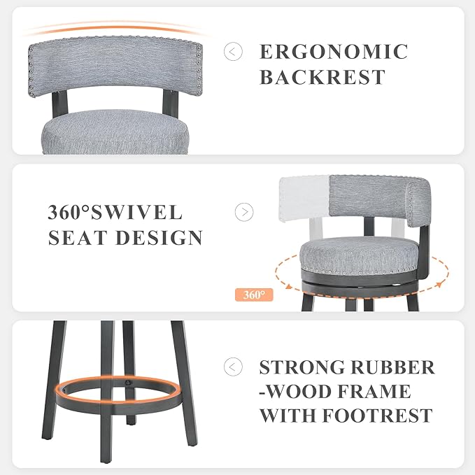 COLAMY Swivel Bar Stool Set of 2, Modern Swivel Barstool with Back, Counter Height Bar Stools, 25 Inch Upholstered Wood Barstool for Kitchen Island Dining Room Bar, Grey