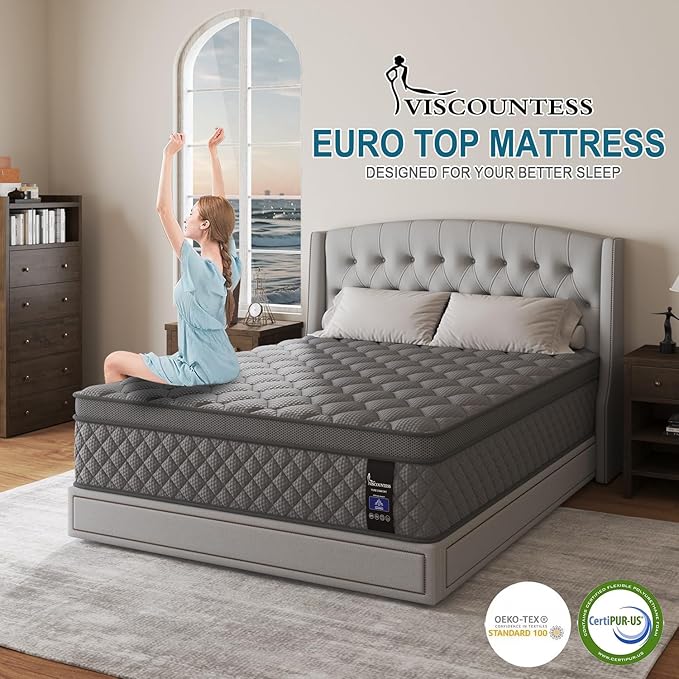 Full Mattress, 14 Inch Hybrid Mattresses Grey Euro Top Medium Firm for Back & Lumbar Support, 100 Night Trial, Individual Pocket Spring Bed for Motion Isolation & Pressure Relief