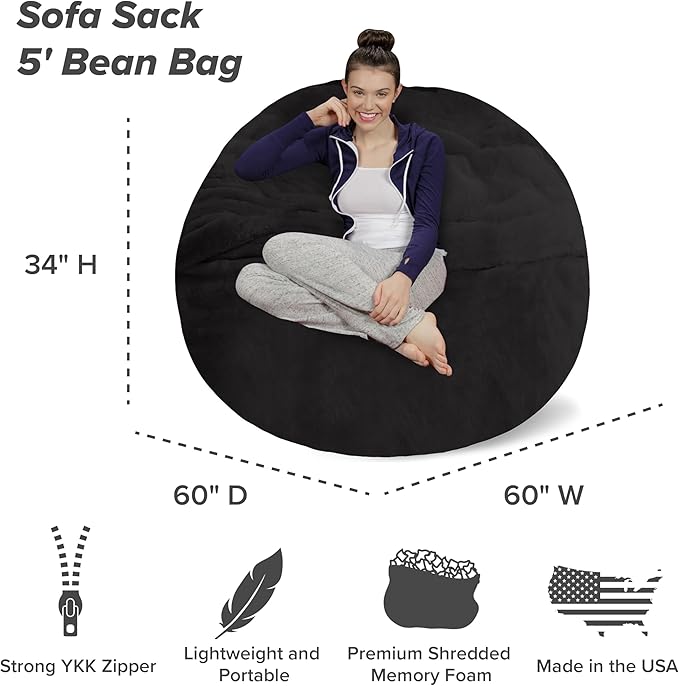 Sofa Sack Bean Bag Chair - Plush, Ultra Soft - Memory Foam Bean Bag Chair with Faux Rabbit Fur Cover - Stuffed Foam Filled Furniture and Accessories for Dorm Room 5 Feet - Black