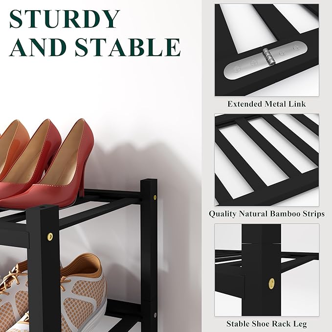 Smiry Shoe Rack, 4 Tier Bamboo Shoe Organizer, Stackable Free Standing Wooden Shoe Storage Shelf for Closet, Entryway, Front Door Entrance, Black