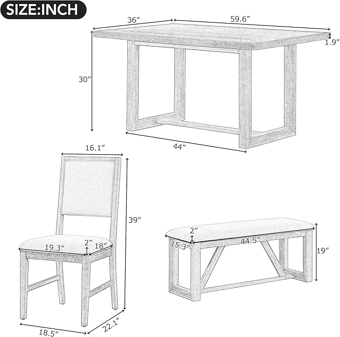 Merax Farmhouse Wooden Dining Set of 6, 59.6 inch Kitchen Table with Trestle Base, 4 Upholstered Chairs and 1 Bench, Easy Assemble Gray