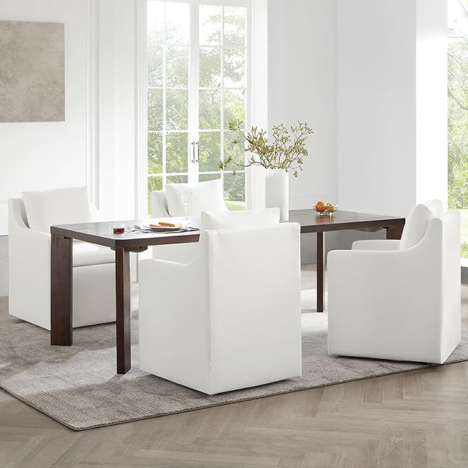 Upholstered Dining Chairs with Casters Washable Cover Side Deskchair with Rollers for Diningroom, Living Room, Cream, 1 Box