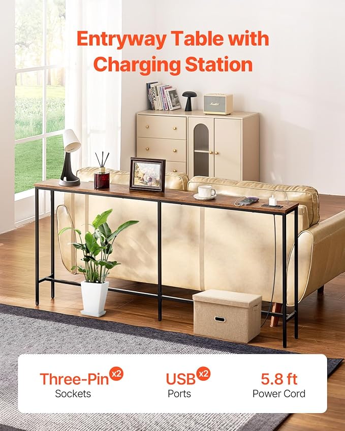 VEVOR Narrow Console Table, 70.9" Behind Couch Shelf with Power Outlets, 1-Tier Long Entryway Shelf, Narrow Sofa Table with Metal Frame and Charge Station, for Entryway, Hallway, Living Room