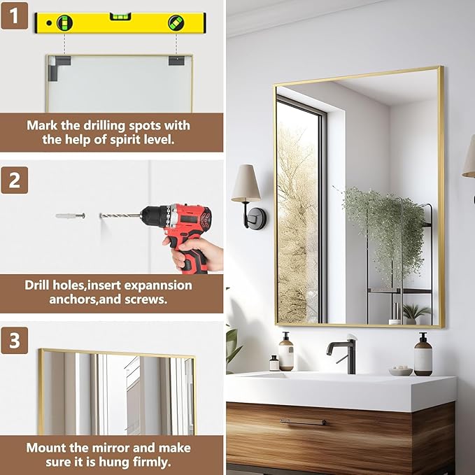 Gold Bathroom Mirror, 16"x20" Rectangle Mirror, Brushed Gold Mirror, Metal Frame Square Corner Vanity Mirror, Wall Mounted Mirror for Modern, Living Room, Bedroom, Horizontal Or Vertical