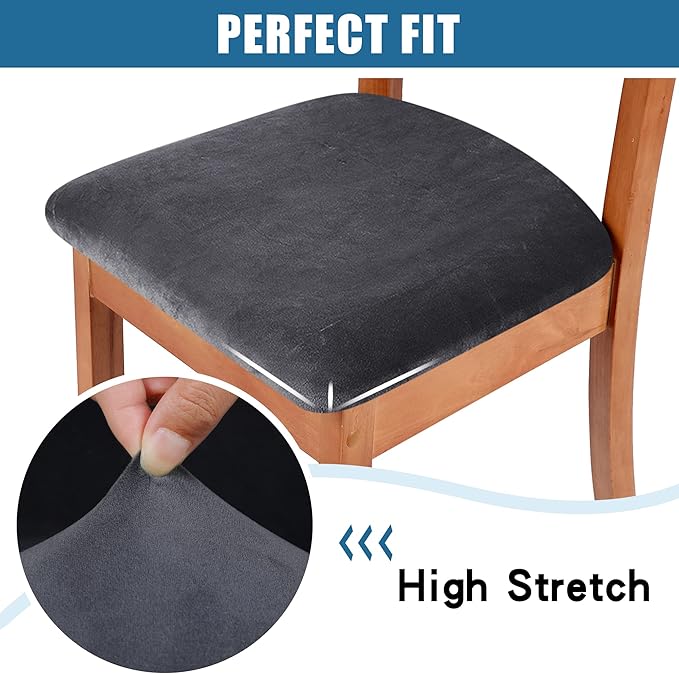 Smiry Velvet Seat Covers for Dining Room Chair Set of 4, Stretch Fit Removable Washable Chair Seat Cushion Protector Slipcovers with Ties, Dark Grey
