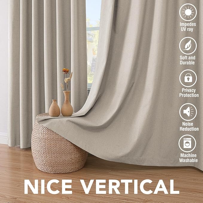 H.VERSAILTEX 100% Blackout Curtains for Bedroom Thermal Insulated Linen Textured Curtains Heat and Full Light Blocking Drapes Living Room Curtains 2 Panel Sets, Cobblestone, 52x45 Inch