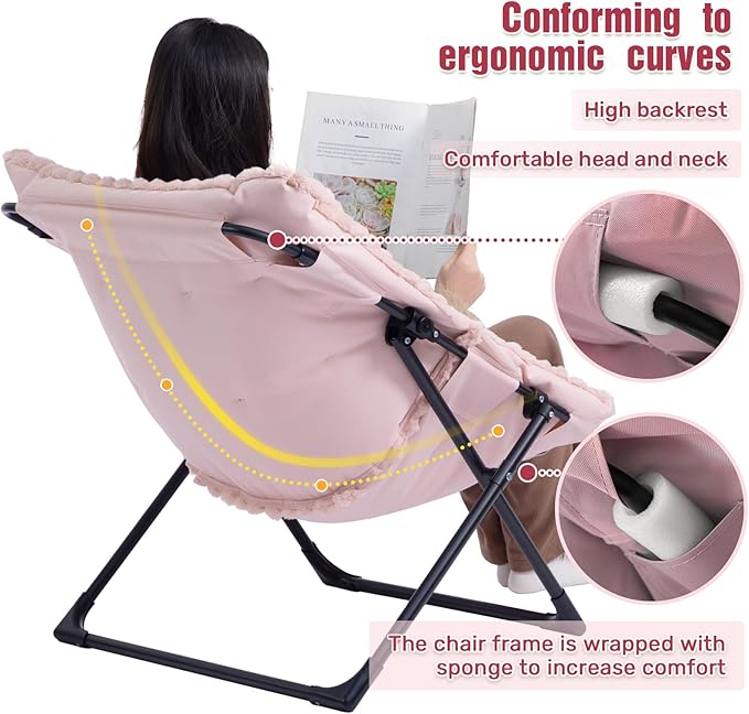 HollyHOME X-Large Saucer Chair with Foldable Ottoman, Comfy Oversized Folding Chair and Folding Footrest Stool Set, Faux-Fur Reading Chair and Footstool for Living Room, Bedroom, Pink Chair&Stool