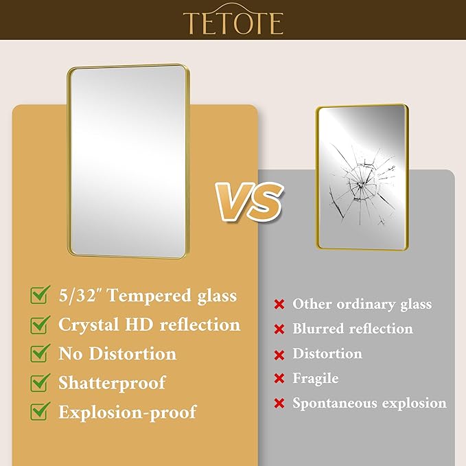 TETOTE Brushed Gold Bathroom Mirror 40 x 24 Gold Metal Framed Bathroom Mirror, Tempered Glass, Modern Farmhouse Wall Mounted Mirror for Decorative(Horizontal/Vertical)