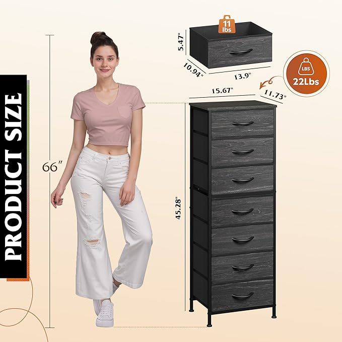 WLIVE Tall Dresser for Bedroom, 7 Drawer Dressers & Chests of Drawers, Fabric Dresser for Closet, Night Stand with Metal Frame, Storage Tower with Fabric Bins, Woodtop, Charcoal Black Wood Grain Print