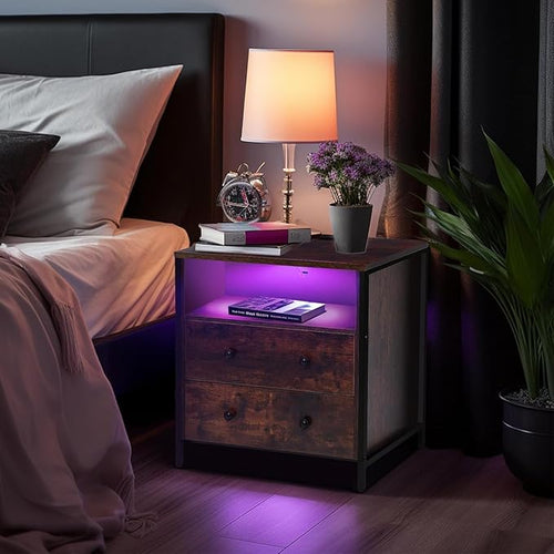 27 Inch Wide Night Stand, Large Wood Night Stand Set 2 with 2 Drawers, LED Nightstand with Charging Station and Adjustable Drawer, Bedside Table for Living Room/Bedroom/Study/Office, Retro.