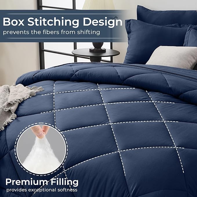 HEVUMYI Navy Blue Twin Comforter Set - 5-Piece All Season Bed in a Bag Twin, Ultra Soft Bedding Set with Comforter, Flat Sheet, Fitted Sheet, Pillowcases, Pillow Shams, Navy Blue