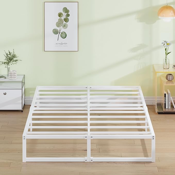 EMODA 12 Inch King Bed Frame, Metal Platform White Bed Frame King No Box Spring Needed, Heavy Duty Steel Slats Support, Easy Assembly, Noise Free