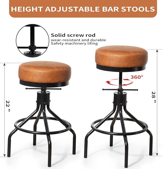 Industrial Bar Stools Set of 2 Adjustable Swivel Round Barstools Modern PU Leather 28inch Backless Counter Height Stool Metal Bar Chair for Kitchen Island (2, Brown)