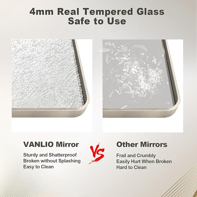 30x36 Inch Brushed Nickel Bathroom Mirror, Brushed Silver Metal Framed Wall Mirror, Rounded Corner Rectangle Modern Vanity Mirror, Tempered Glass, Anti-Rust, Shatterproof (Horizontal/Vertical)