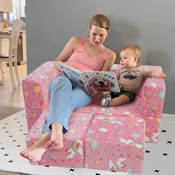 MeMoreCool Modular Kids Sofa,Toddler Play Couch Fold Out for Playroom, Glow in Dark Convertible Plush Unicorn Foam Chair for Baby Childrens