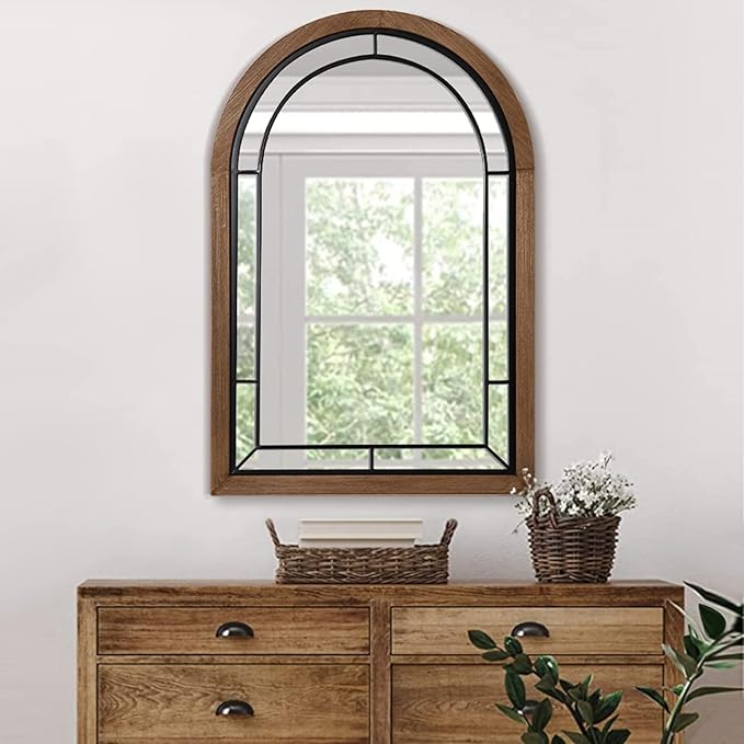 blue page Arched Mirror, Farmhouse Wall Decor Accent, Rustic Wood Framed Mirror Like Window for Bathroom Vanity, Bedroom, Entryway, and Living Room