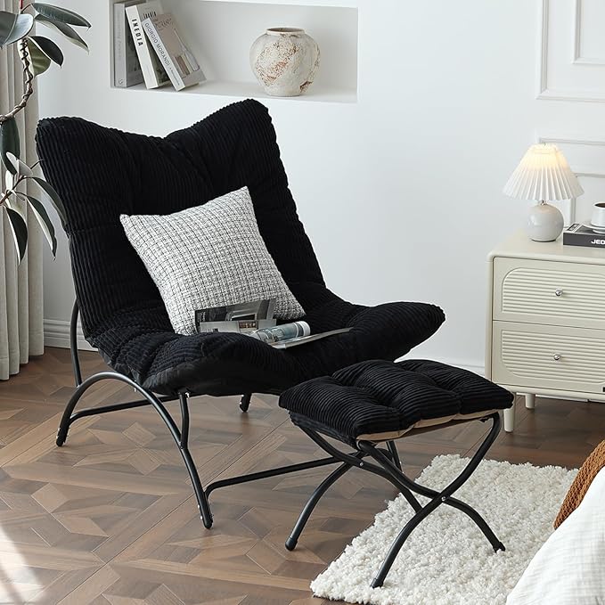 Welnow Accent Chair with Ottoman, Lounge Comfy Soft Leisure Metal Frame Reading Chair with Footrest, Upholstered Thick Cushion Seated Recliner Sofa for Living Room, Bedroom, Dorm, Black