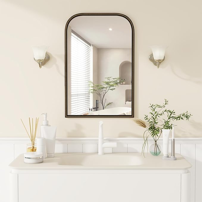 Axeman 24x36 Rounded Rectangular Wall Mirror, Decorative Bathroom Mirror, Traditional Vintage Wall Mounted Mirror with Beaded Frame for Accent Living Room Vanity Bedroom Entryway, Black
