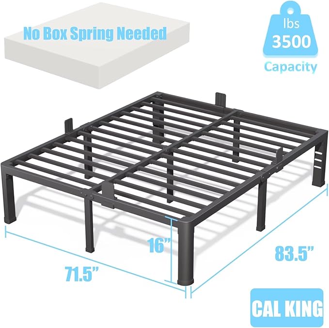 16 Inch California King Bed Frame with Rounded Corner and Headboard Hole Mattress Retainers 3500 LBS Metal Heavy Duty Steel Slats Support No Box Spring Needed Platform Noise Free Easy Assembly