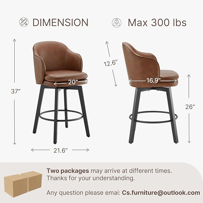 Counter Height Barstools 26 inch Upholstered Swivel Bar Stools with Back and Wood Legs for Kitchen Island,Set of 4,Brown PU Leather