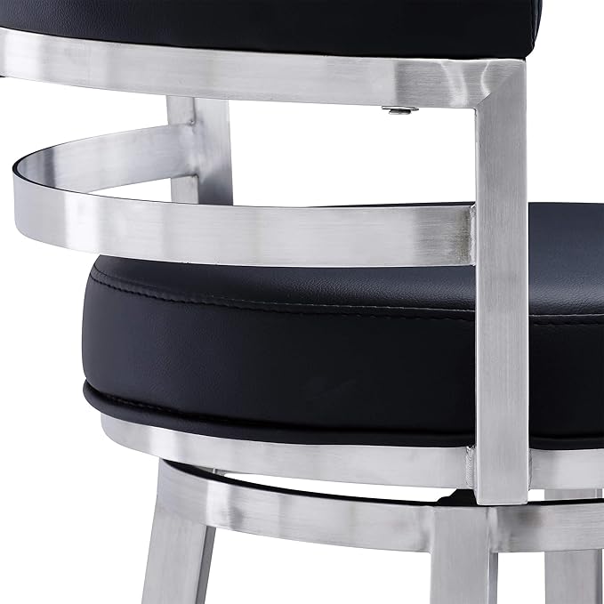 Armen Living Titana 26" Counter Height Swivel Black Faux Leather and Brushed Stainless Steel Bar Stool