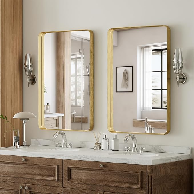 Bathroom Mirror 20x30 inch, Gold Gorgeous Deep Frame Wall Mirror, Modern Round Corner Bathroom Vanity Mirror for Bedroom, Living Room, Hanging or Leaning Horizontal or Vertical, Gold