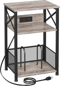 AMHANCIBLE Record Player Stand with Charging Station, Turntable Stand with Storage Cabinet, 3 Tier End Table Hold Up to 100 Albums, Record Stand for Vinyl, Living Room, Greige, HETCD01GY-1