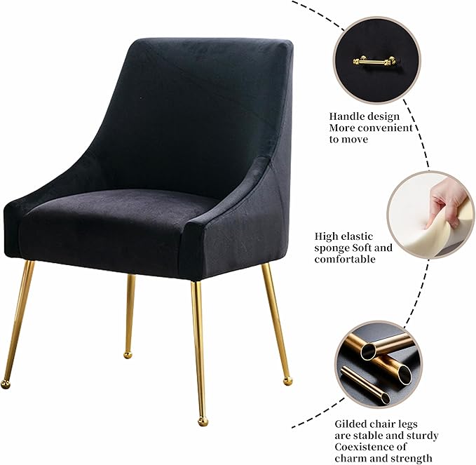 Modern Velvet Dining Chairs Set of 4, Contemporary Upholstered Furniture Collection with Polished Gold Metal Legs, Elegant Accent Chairs for Kitchen Living Room(Black)