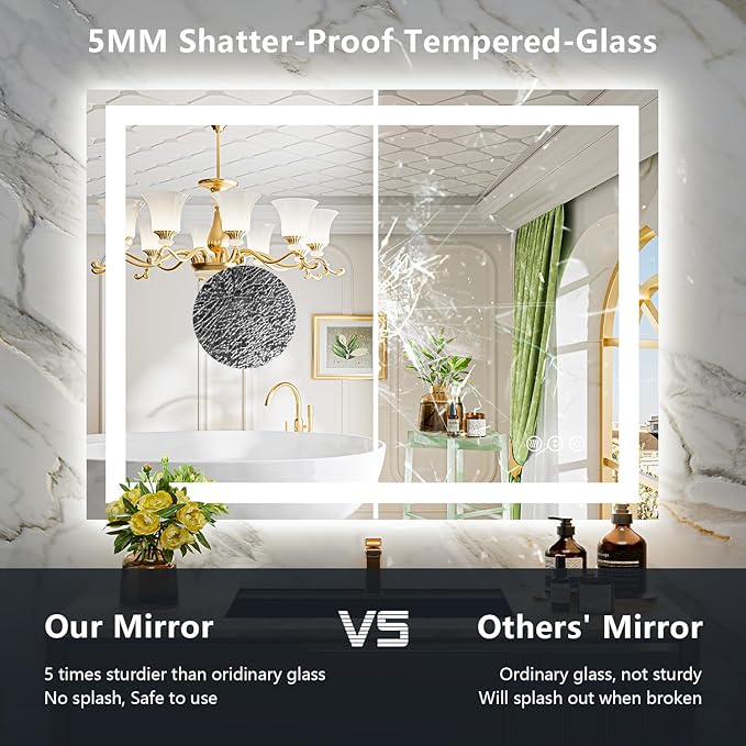 55x40 Inch LED Bathroom Mirror with Lights Front and Backlit Lighted Vanity Mirror for Bathroom Wall with 3 Colors Dimmable Anti-Fog Memory Shatter-Proof IP54 Waterproof Horizontal/Vertical