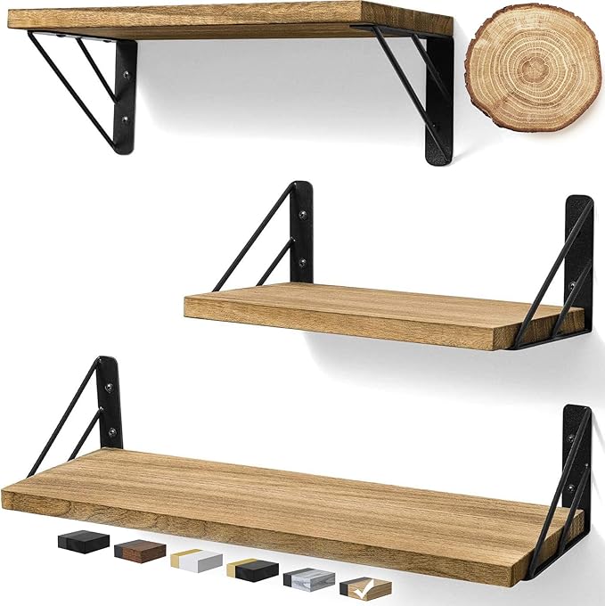 BAYKA Wall Shelves for Bedroom Decor, Floating Wall Shelves for Living Room Kitchen Storage, Wall Mounted Rustic Wood Floating Shelves for Kids Books, Corner Shelves for Bathroom(Brown，Set of 3)