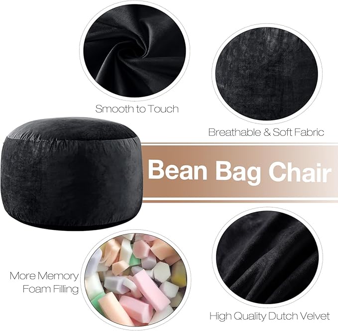 5 Ft Bean Bag Chairs for Adults with Memory Foam Filling, Comfy Bean Bag Sofa with Filler Included, Soft Dutch Velvet Fabric Beanbags,5 Foot, Black