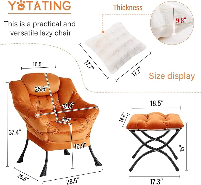 Lazy Chair with Ottoman, Comfy Reading Chair with Footstool & Throw Pillow Modern Lounge Accent Chair with Armrests & Side Pocket for Living Room, Bedroom, Dorm Room, Office