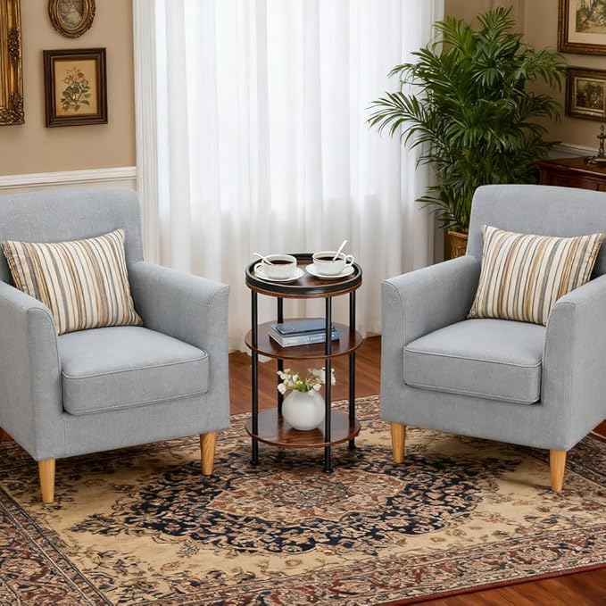 Small Round Side Table for Small Spaces, 3-Tier Round Accent Table Slim Side Table, Modern Sofa Corner Table for Living Room Nightstand Bedroom (Rustic Brown)