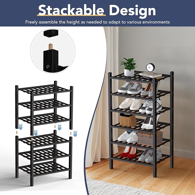 Haddockway small 3 Tier Bamboo Shoe Rack Storage Organizer, Multifunctional Free Standing Stackable Shoe Shelf with Grid Panel for Closet,Hallway,Entryway,Small Space 18"x11"x17"(Black, 3-Tier(Small))