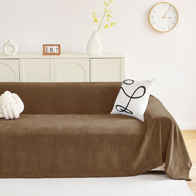 hyha Couch Cover for Dogs, Boho Sofa Covers for 3 Cushion Couch Washable, Chenille Sofa Slipcover for Pets, Soft Loveseat Sectional Couch Throw Blankets with Tassels (Chocolate, 88.5x134 Inch)