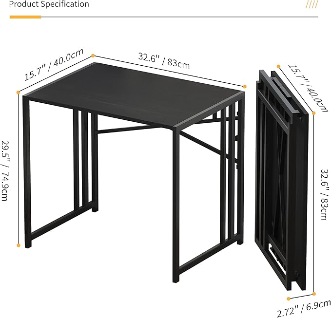 Lutown Teen Folding Computer Desk - 32 inch, Writing & Gaming, Small Space Office Desk, Black, No Assembly Required