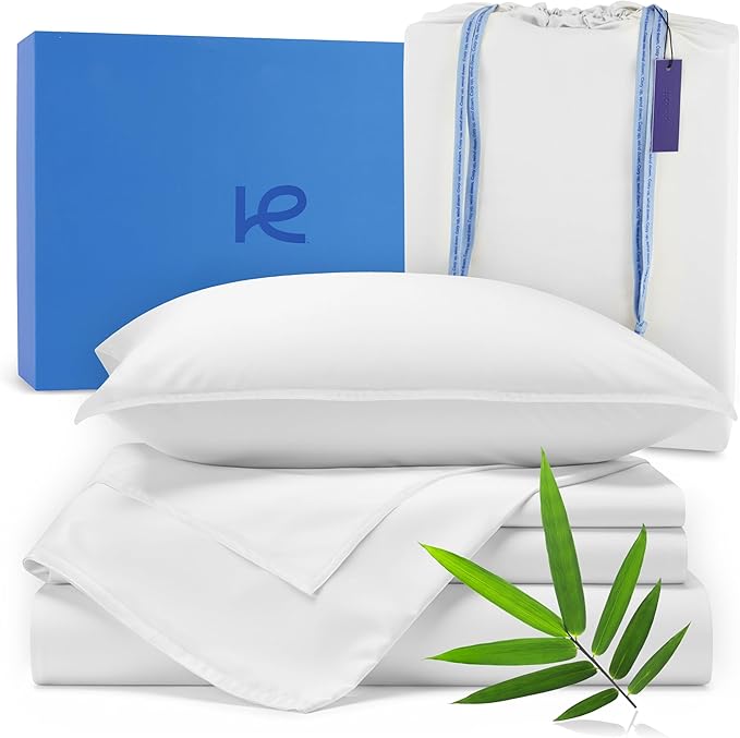Kickoff Viscose Bamboo Sheets Queen Size 4-pc 100% Organic Bamboo Viscose Bed Cooling Sheets Queen Size Set Cool Bedding for hot Sleepers Sheet, Flat, Fitted, Pillowcases (Snow White, Q)